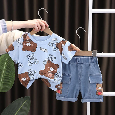 All Over Print Round Neck Short Sleeve Suit Boys' Casual Denim Shorts Two-piece Set